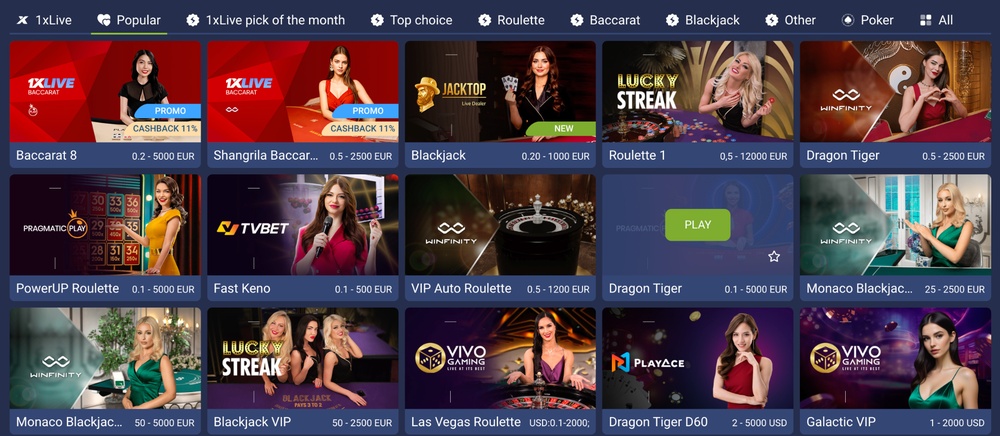 1xCasino has a huge selection of live tables
