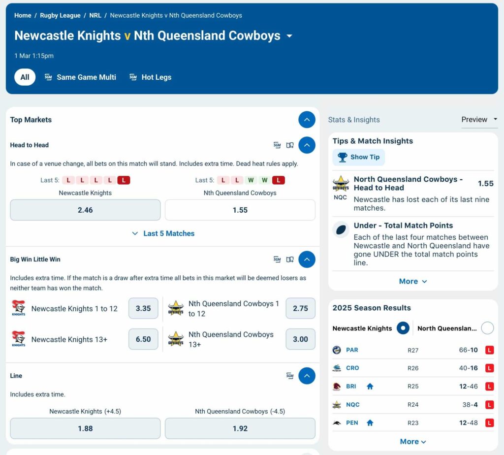 Sportsbet is a major bookmaker for rugby league