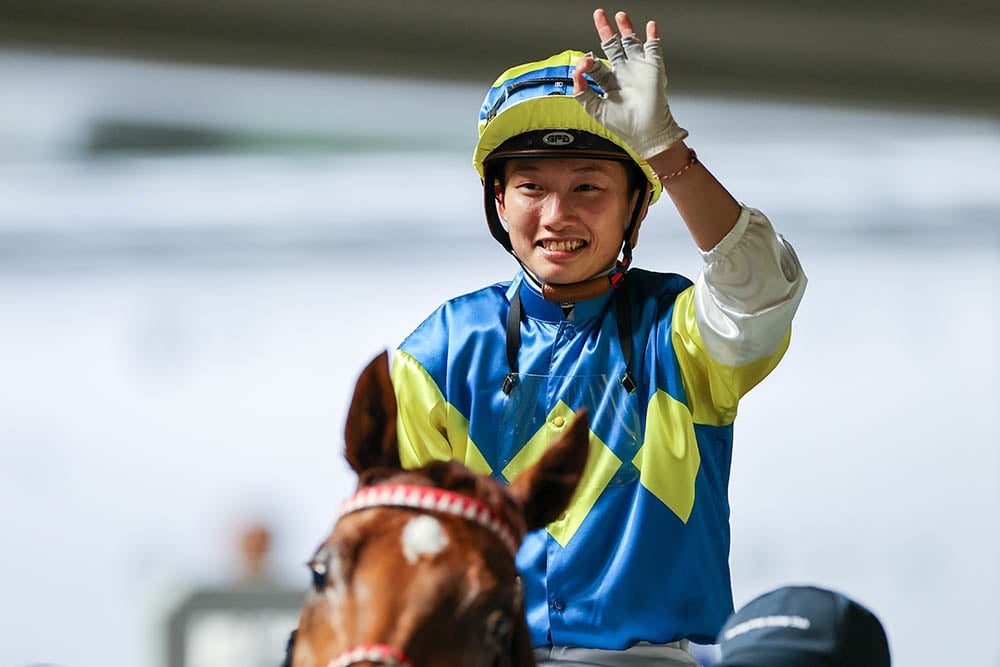 Nichola Yuen celebrates a treble at Sha Tin on Wednesday